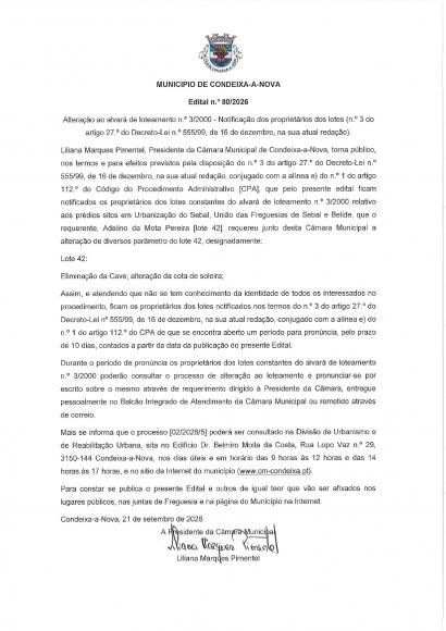 C&Acirc;MARA MUNICIPAL DE CONDEIXA-A-NOVA - EDITAL N&ordm; 80 / 2026