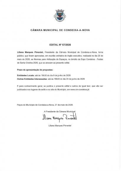 Edital n&ordm; 57 - EXPO CONDEIXA - FESTAS DE SANTA CRISTINA 2026  NORMAS PARA ATRIBUI&Ccedil;&Atilde;O DE ESPA&Ccedil;OS.