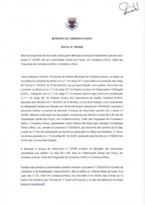 EDITAL N.&ordm; 59/2026 - Abertura de per&iacute;odo de discuss&atilde;o p&uacute;blica para altera&ccedil;&atilde;o ao loteamento n.&ordm; 2/2006 - Proc. 02/2025/4 - Constru&ccedil;&otilde;es Ponte & Mota