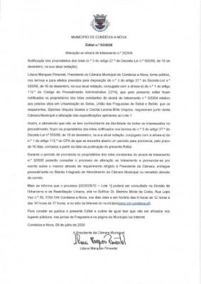 Edital n&ordm;63 2026 - Altera&ccedil;&atilde;o ao alvar&aacute; de Loteamento n&ordm; 3/2004