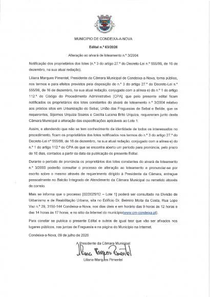 Edital n&ordm;63 2026 - Altera&ccedil;&atilde;o ao alvar&aacute; de Loteamento n&ordm; 3/2004