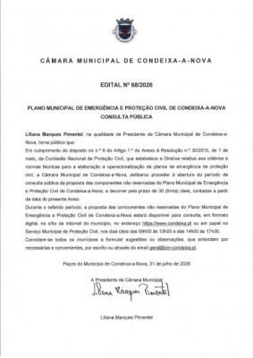 Edital 68/2026 - Plano Municipal de Emerg&ecirc;ncia e Prote&ccedil;&atilde;o Civil de Condeixa-a-Nova, Consulta Publica