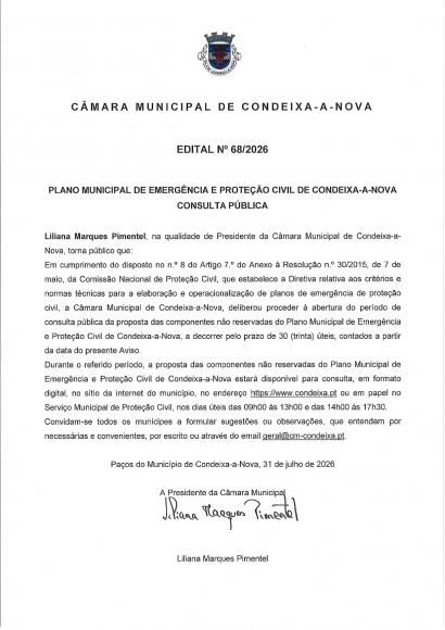 Edital 68/2026 - Plano Municipal de Emerg&ecirc;ncia e Prote&ccedil;&atilde;o Civil de Condeixa-a-Nova, Consulta Publica