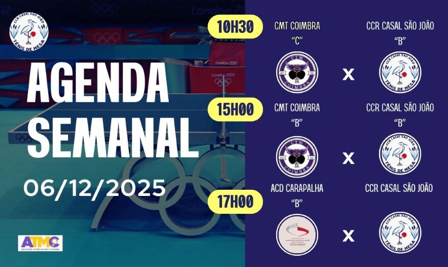 Agenda Semanal - CCR Casal S&atilde;o Jo&atilde;o - T&eacute;nis de Mesa