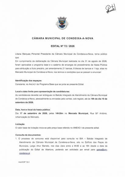 C&Acirc;MARA MUNICIPAL DE CONDEIXA-A-NOVA - EDITAL N&ordm; 72 / 2026 