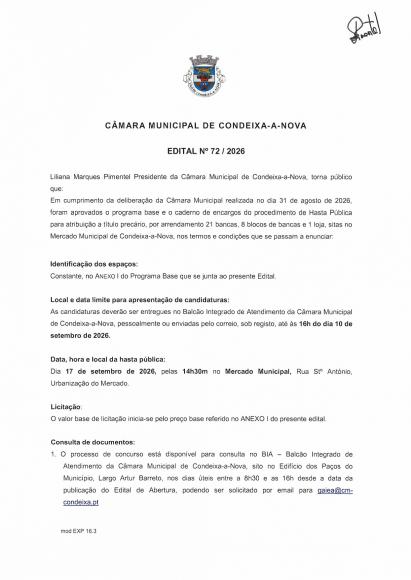 C&Acirc;MARA MUNICIPAL DE CONDEIXA-A-NOVA - EDITAL N&ordm; 72 / 2026 
