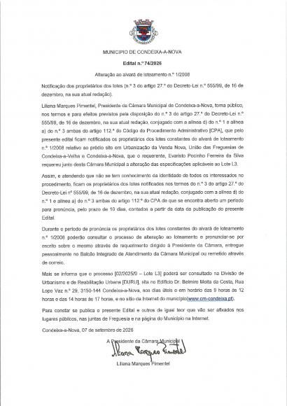 Edital n.0 7412026  -  Altera&ccedil;&atilde;o ao alvar&aacute; de loteamento n.0 1/2008