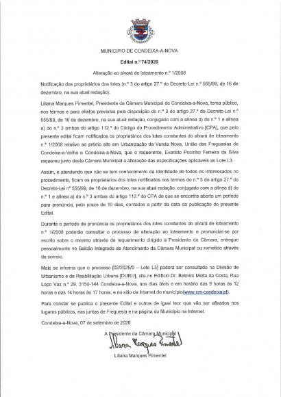 Edital n.0 7412026  -  Altera&ccedil;&atilde;o ao alvar&aacute; de loteamento n.0 1/2008