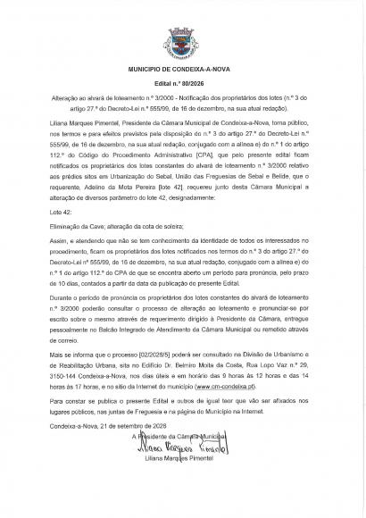 C&Acirc;MARA MUNICIPAL DE CONDEIXA-A-NOVA - EDITAL N&ordm; 80 / 2026