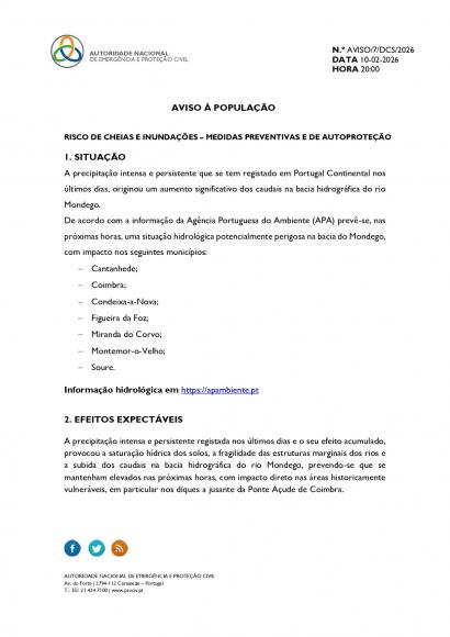 RISCO DE CHEIAS E INUNDA&Ccedil;&Otilde;ES &ndash; MEDIDAS PREVENTIVAS E DE AUTOPROTE&Ccedil;&Atilde;O 10-02-2026