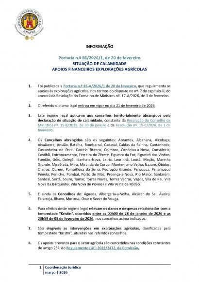Portaria n.&ordm; 86-A/2026/1 de 20 de fevereiro - SITUA&Ccedil;&Atilde;O DE CALAMIDADE  APOIOS FINANCEIROS EXPLORA&Ccedil;&Otilde;ES AGR&Iacute;COLAS