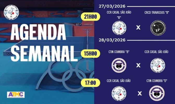 Agenda Semanal - CCR Casal S&atilde;o Jo&atilde;o - T&eacute;nis de Mesa 27 e 28 de mar&ccedil;o de 2026