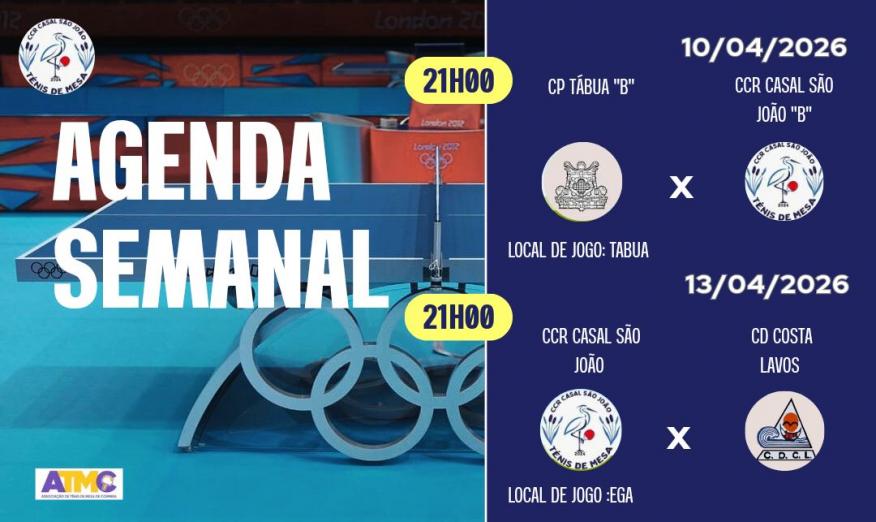 Agenda Semanal - CCR Casal S&atilde;o Jo&atilde;o - T&eacute;nis de Mesa 20260410 e 20260413.